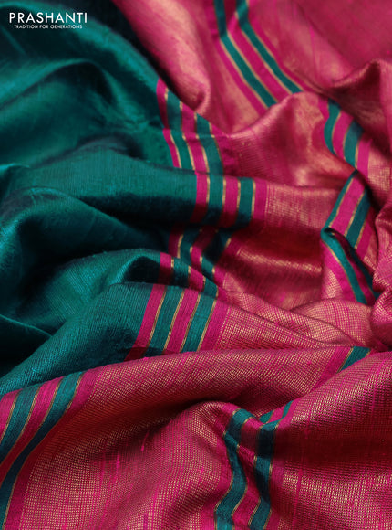 Pure dupion silk saree teal green and magenta pink with thread & zari woven leaf buttas and temple design embroidery border