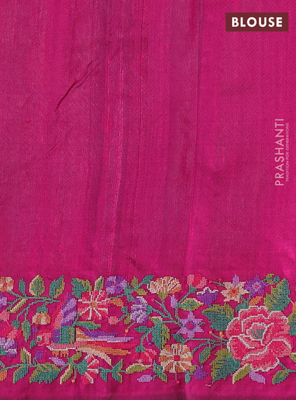 Pure dupion silk saree teal green and magenta pink with thread & zari woven leaf buttas and temple design embroidery border