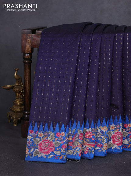 Pure dupion silk saree navy blue and cs blue with allover zari woven buttas and temple design embroidery border