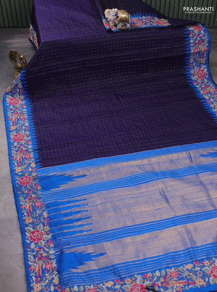 Pure dupion silk saree navy blue and cs blue with allover zari woven buttas and temple design embroidery border