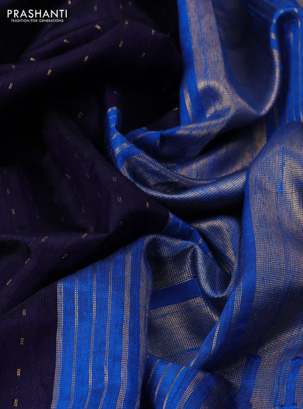 Pure dupion silk saree navy blue and cs blue with allover zari woven buttas and temple design embroidery border