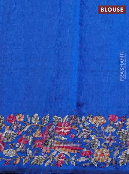 Pure dupion silk saree navy blue and cs blue with allover zari woven buttas and temple design embroidery border