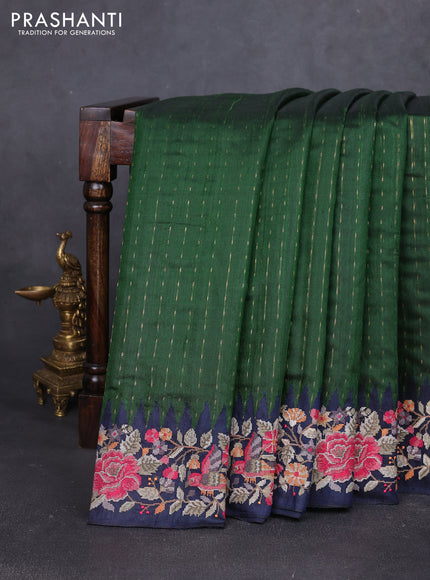 Pure dupion silk saree sap green and navy blue with allover zari woven buttas and temple design embroidery border