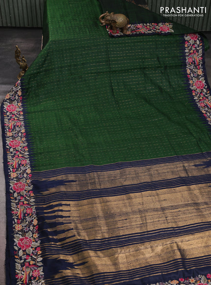 Pure dupion silk saree sap green and navy blue with allover zari woven buttas and temple design embroidery border