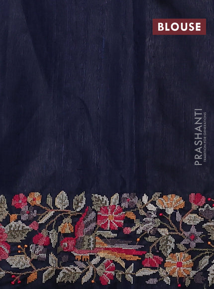 Pure dupion silk saree sap green and navy blue with allover zari woven buttas and temple design embroidery border