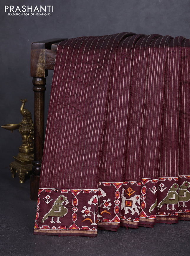 Pure dupion silk saree deep maroon with allover thread & zari weaves and ikat design embroidered border