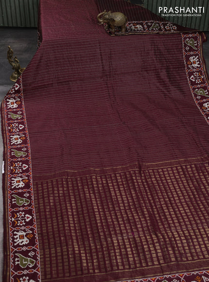 Pure dupion silk saree deep maroon with allover thread & zari weaves and ikat design embroidered border
