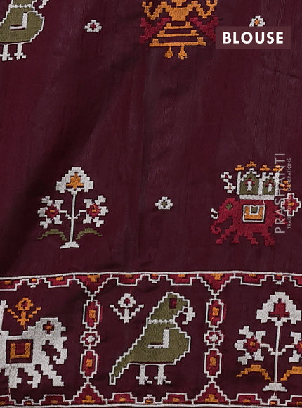 Pure dupion silk saree deep maroon with allover thread & zari weaves and ikat design embroidered border