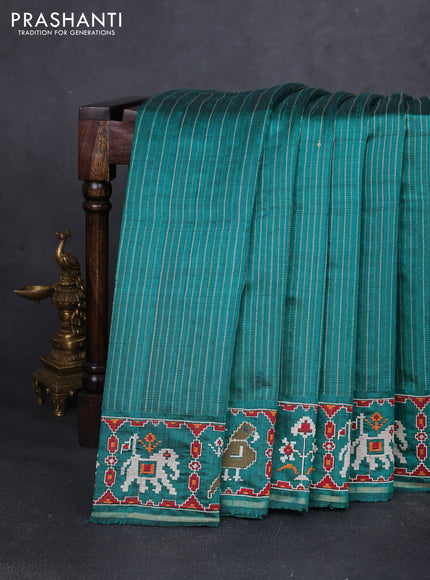 Pure dupion silk saree teal gren with allover thread & zari weaves and ikat design embroidered border