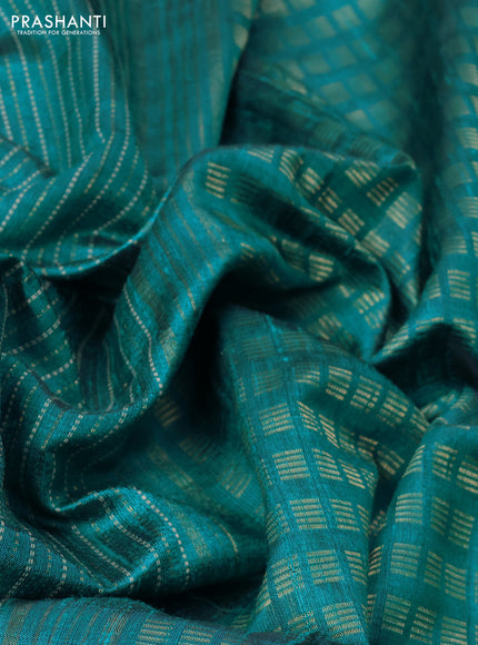 Pure dupion silk saree teal gren with allover thread & zari weaves and ikat design embroidered border
