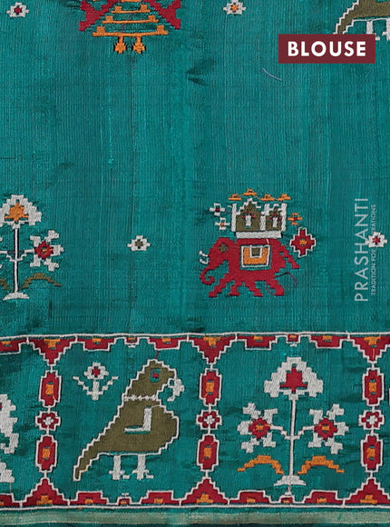Pure dupion silk saree teal gren with allover thread & zari weaves and ikat design embroidered border