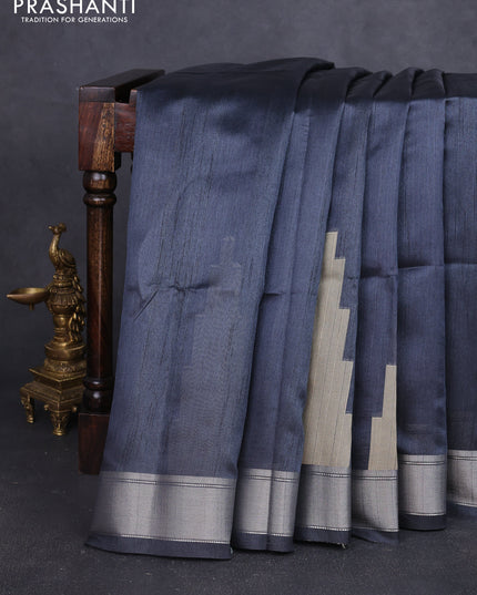 Semi dupion saree dark grey with plain body and mural printed pallu