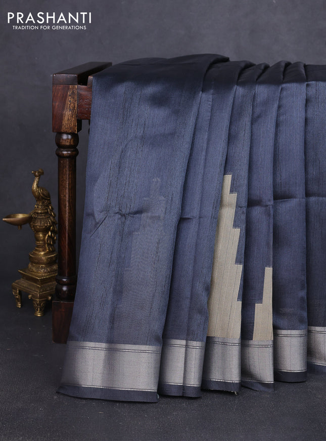 Semi dupion saree dark grey with plain body and mural printed pallu