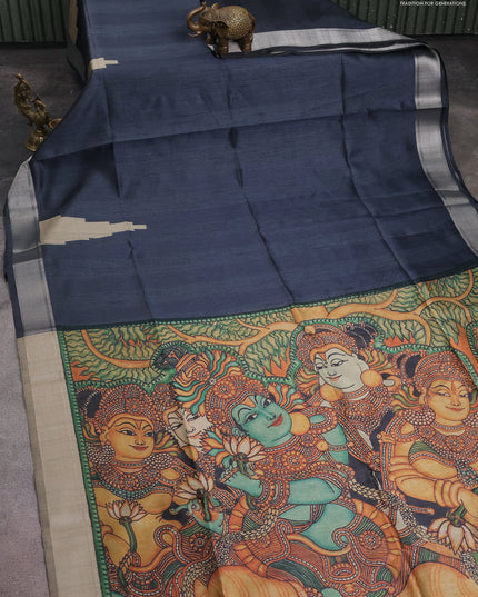 Semi dupion saree dark grey with plain body and mural printed pallu
