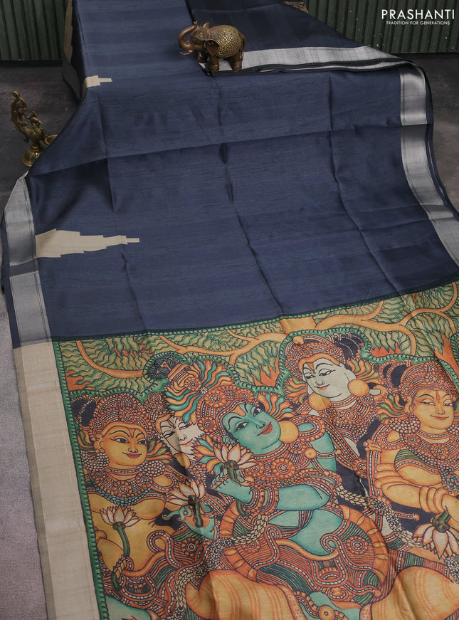 Semi dupion saree dark grey with plain body and mural printed pallu