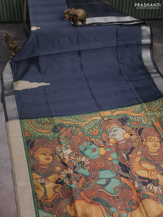 Semi dupion saree dark grey with plain body and mural printed pallu