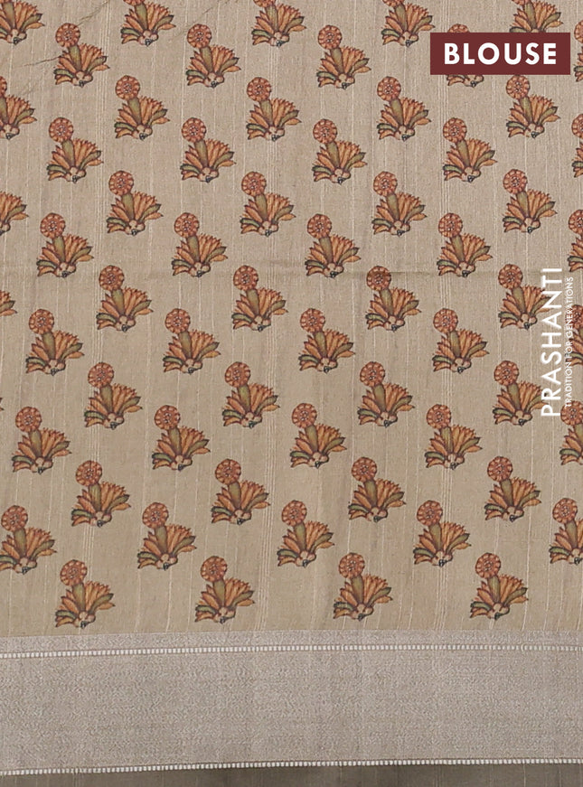 Semi dupion saree dark grey with plain body and mural printed pallu