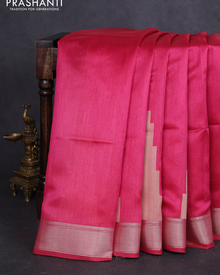 Semi dupion saree pink with plain body and mural printed pallu