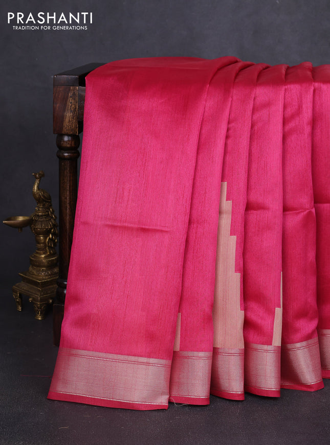 Semi dupion saree pink with plain body and mural printed pallu