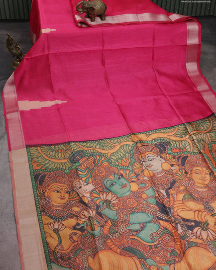 Semi dupion saree pink with plain body and mural printed pallu