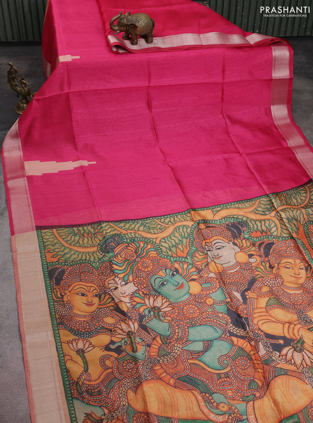 Semi dupion saree pink with plain body and mural printed pallu