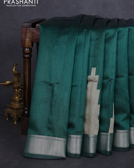 Semi dupion saree bottle green with plain body and mural printed pallu
