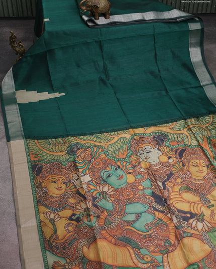 Semi dupion saree bottle green with plain body and mural printed pallu