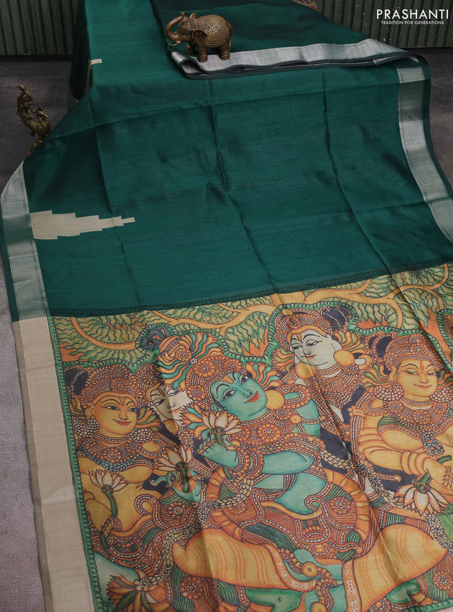 Semi dupion saree bottle green with plain body and mural printed pallu