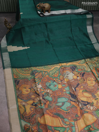 Semi dupion saree bottle green with plain body and mural printed pallu