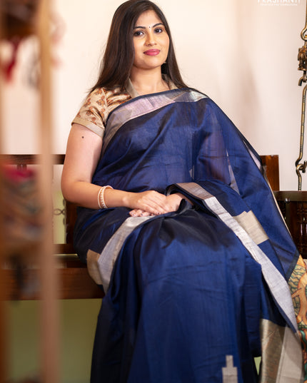 Semi dupion saree navy blue and beige with plain body and mural printed pallu