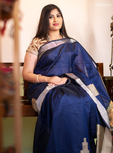 Semi dupion saree navy blue and beige with plain body and mural printed pallu
