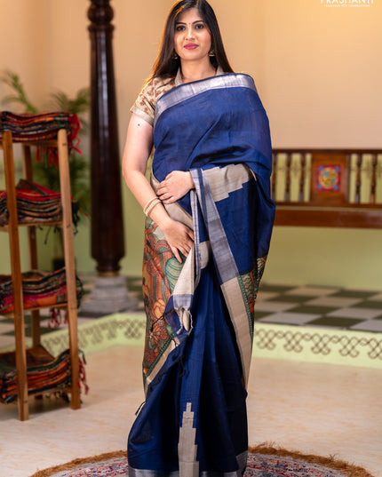 Semi dupion saree navy blue and beige with plain body and mural printed pallu