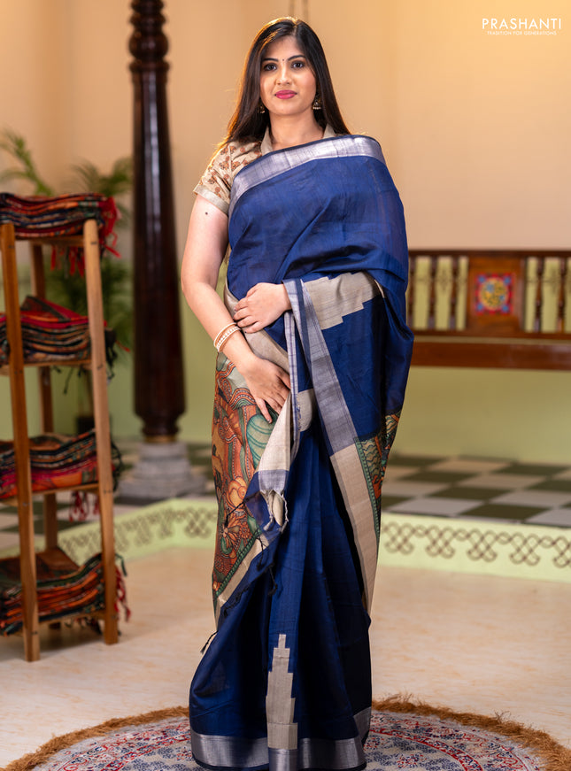 Semi dupion saree navy blue and beige with plain body and mural printed pallu