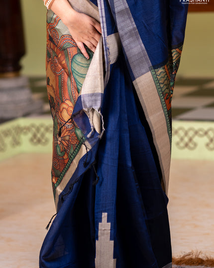 Semi dupion saree navy blue and beige with plain body and mural printed pallu