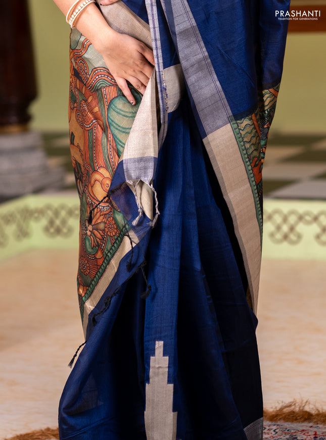 Semi dupion saree navy blue and beige with plain body and mural printed pallu