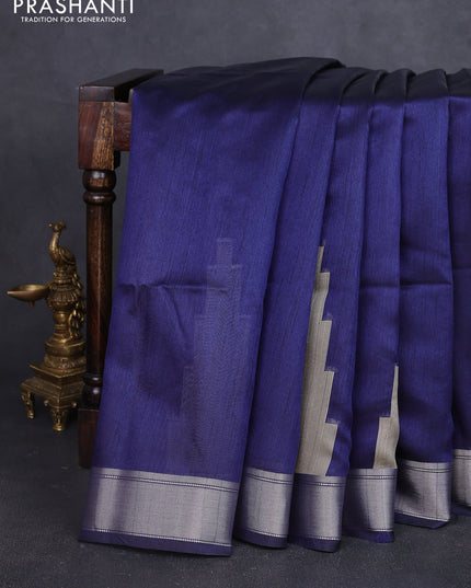 Semi dupion saree navy blue and beige with plain body and mural printed pallu
