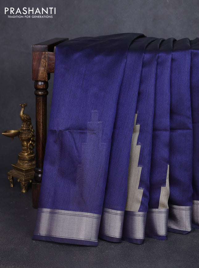 Semi dupion saree navy blue and beige with plain body and mural printed pallu