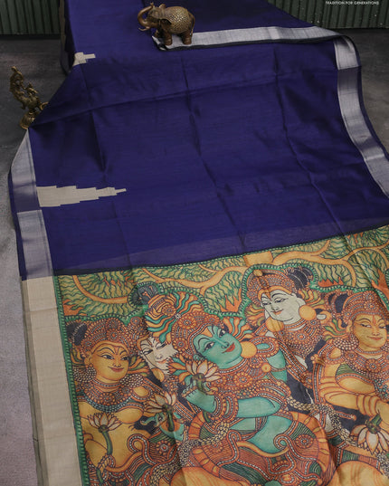 Semi dupion saree navy blue and beige with plain body and mural printed pallu
