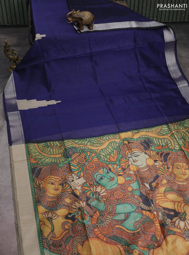 Semi dupion saree navy blue and beige with plain body and mural printed pallu