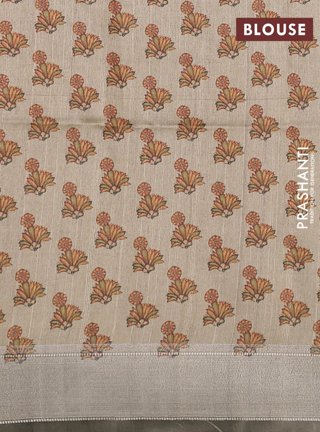 Semi dupion saree navy blue and beige with plain body and mural printed pallu