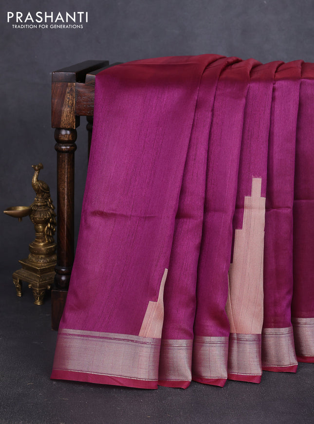 Semi dupion saree purple with plain body and mural printed pallu