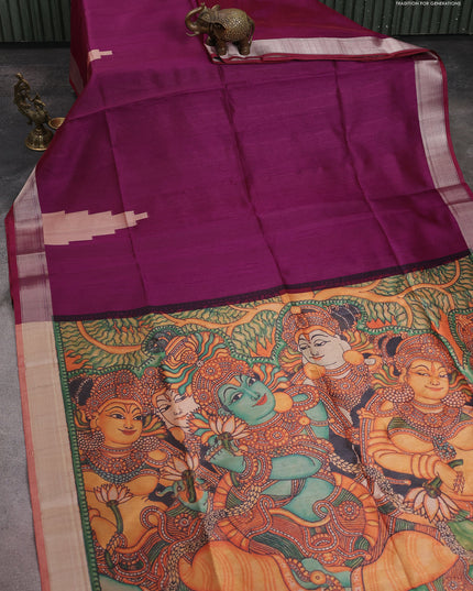 Semi dupion saree purple with plain body and mural printed pallu