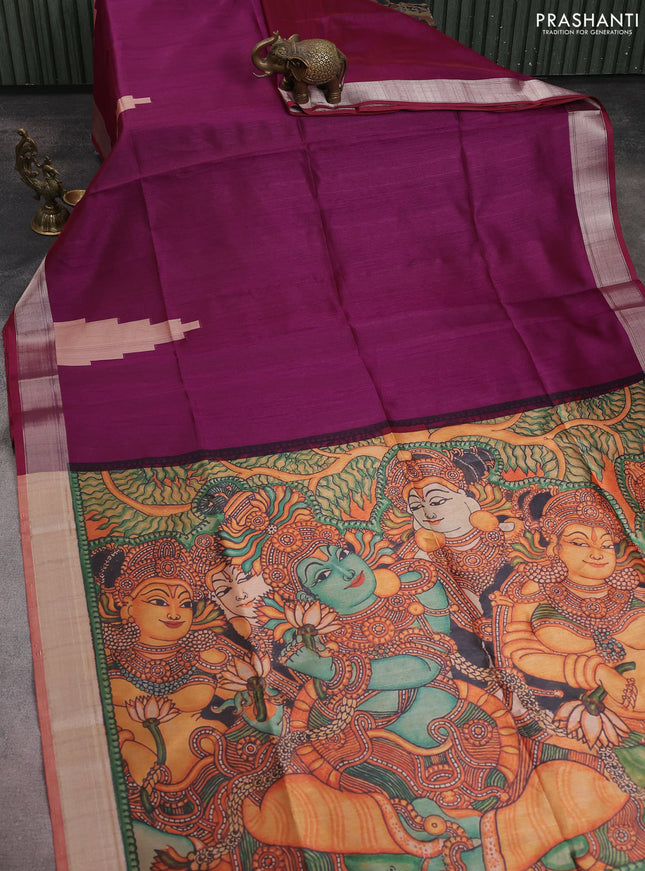 Semi dupion saree purple with plain body and mural printed pallu