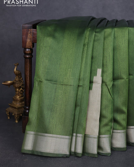 Semi dupion saree green with plain body and mural printed pallu