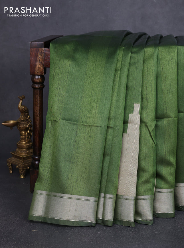 Semi dupion saree green with plain body and mural printed pallu