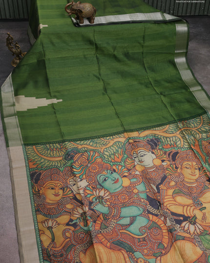 Semi dupion saree green with plain body and mural printed pallu