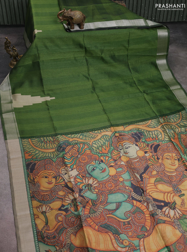 Semi dupion saree green with plain body and mural printed pallu