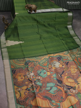 Semi dupion saree green with plain body and mural printed pallu