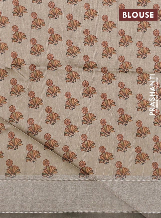 Semi dupion saree green with plain body and mural printed pallu