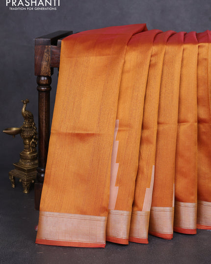 Semi dupion saree sunset orange with plain body and mural printed pallu